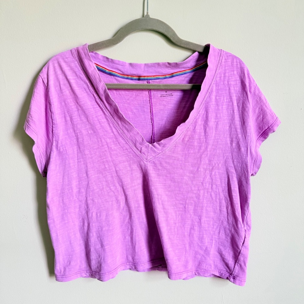 Pilcro Anthropologie Purple Slub Knit V-Neck Rainbow Trim T-Shirt Womens Medium